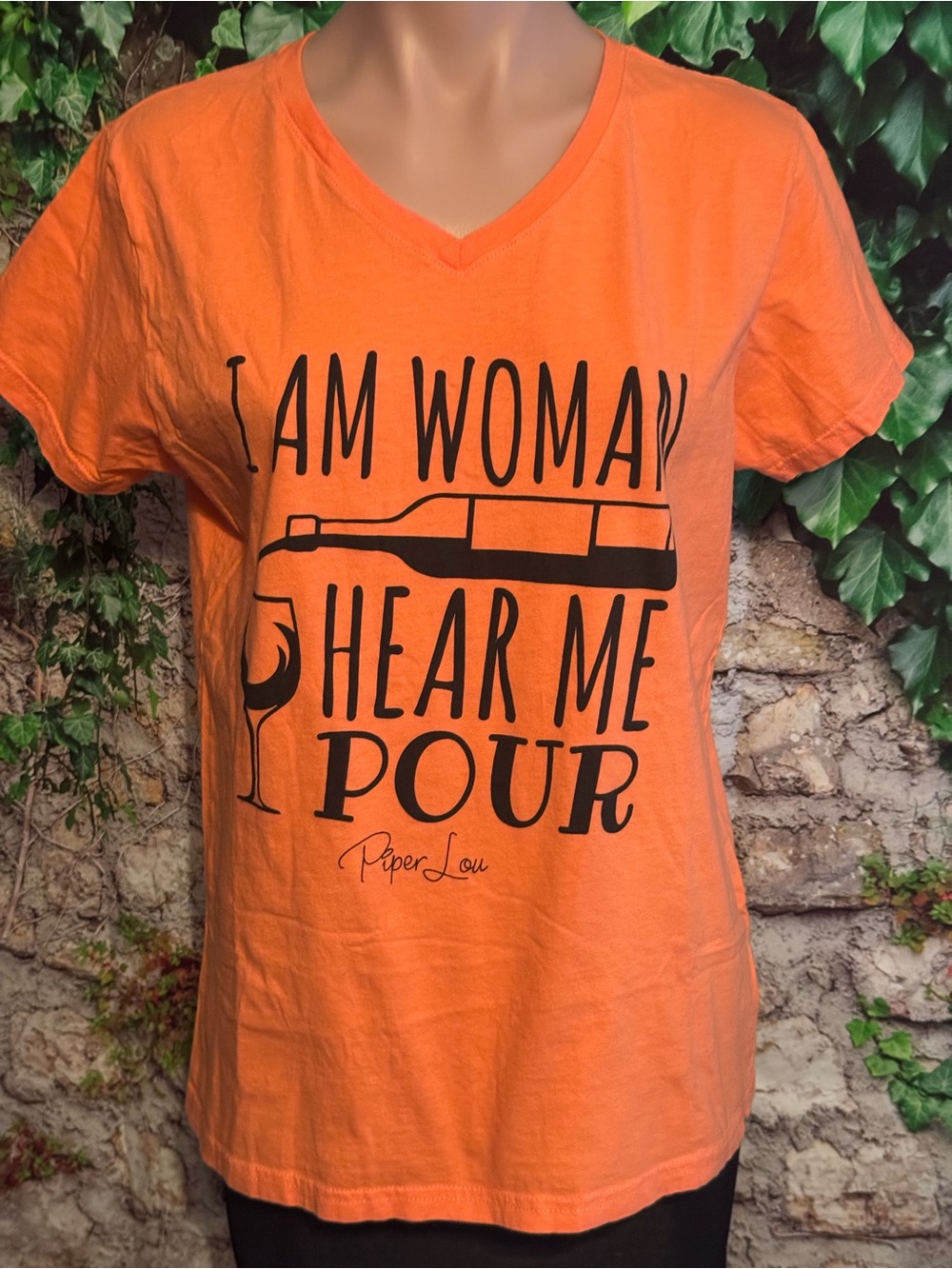 Bright Coral V-Neck Tee "I Am Woman Hear Me Pour"